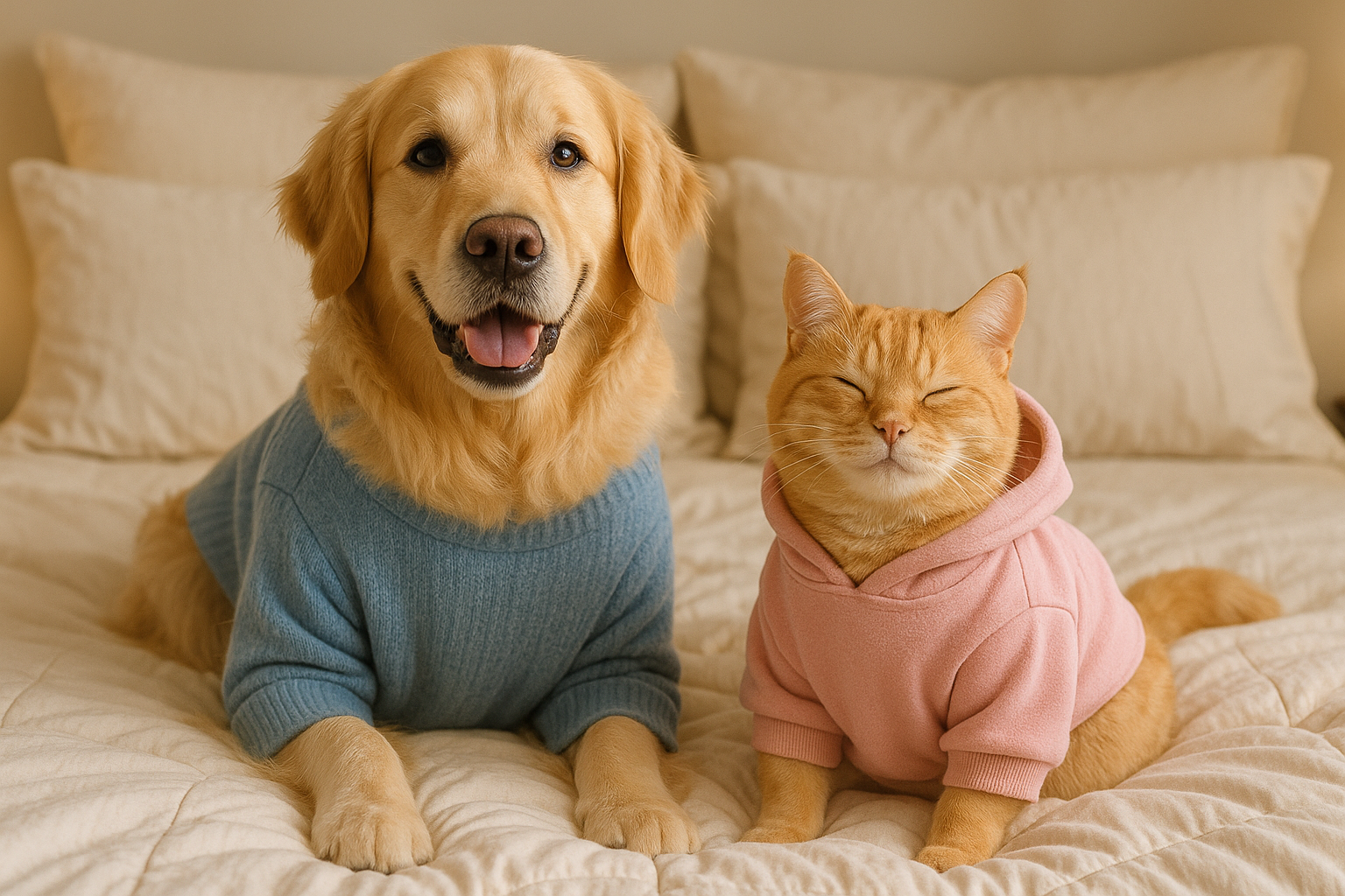 Dog and Cat comforable in clothes and on a comfortable be being well grommed