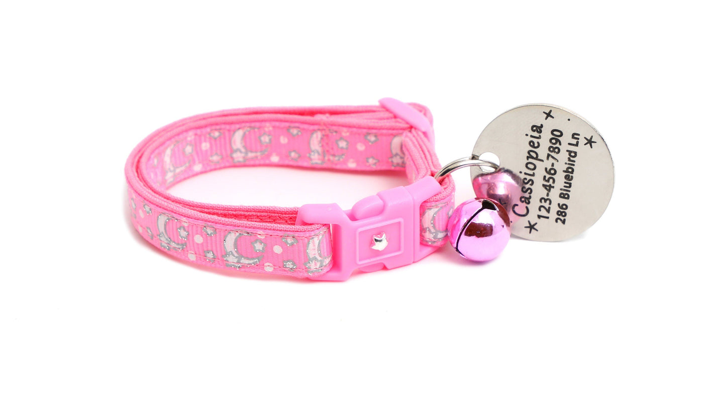 Silver Moons and Stars on Peony Pink Cat Collar-7