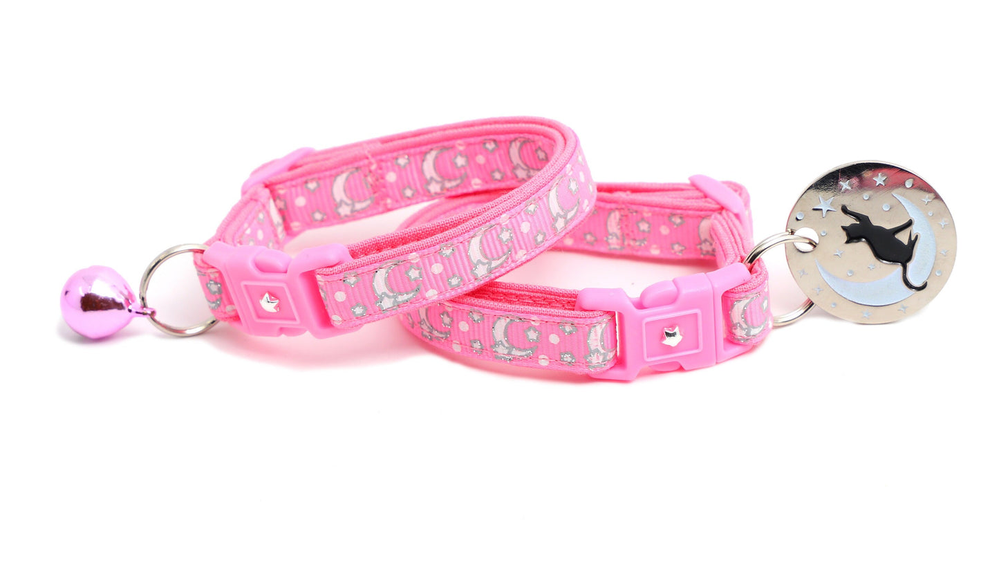 Silver Moons and Stars on Peony Pink Cat Collar-2