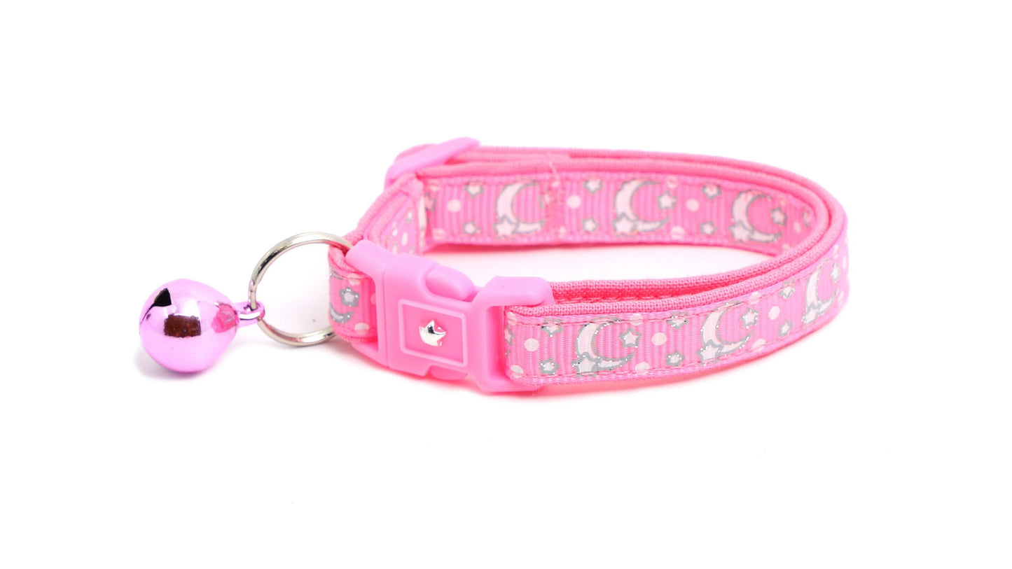 Silver Moons and Stars on Peony Pink Cat Collar-0