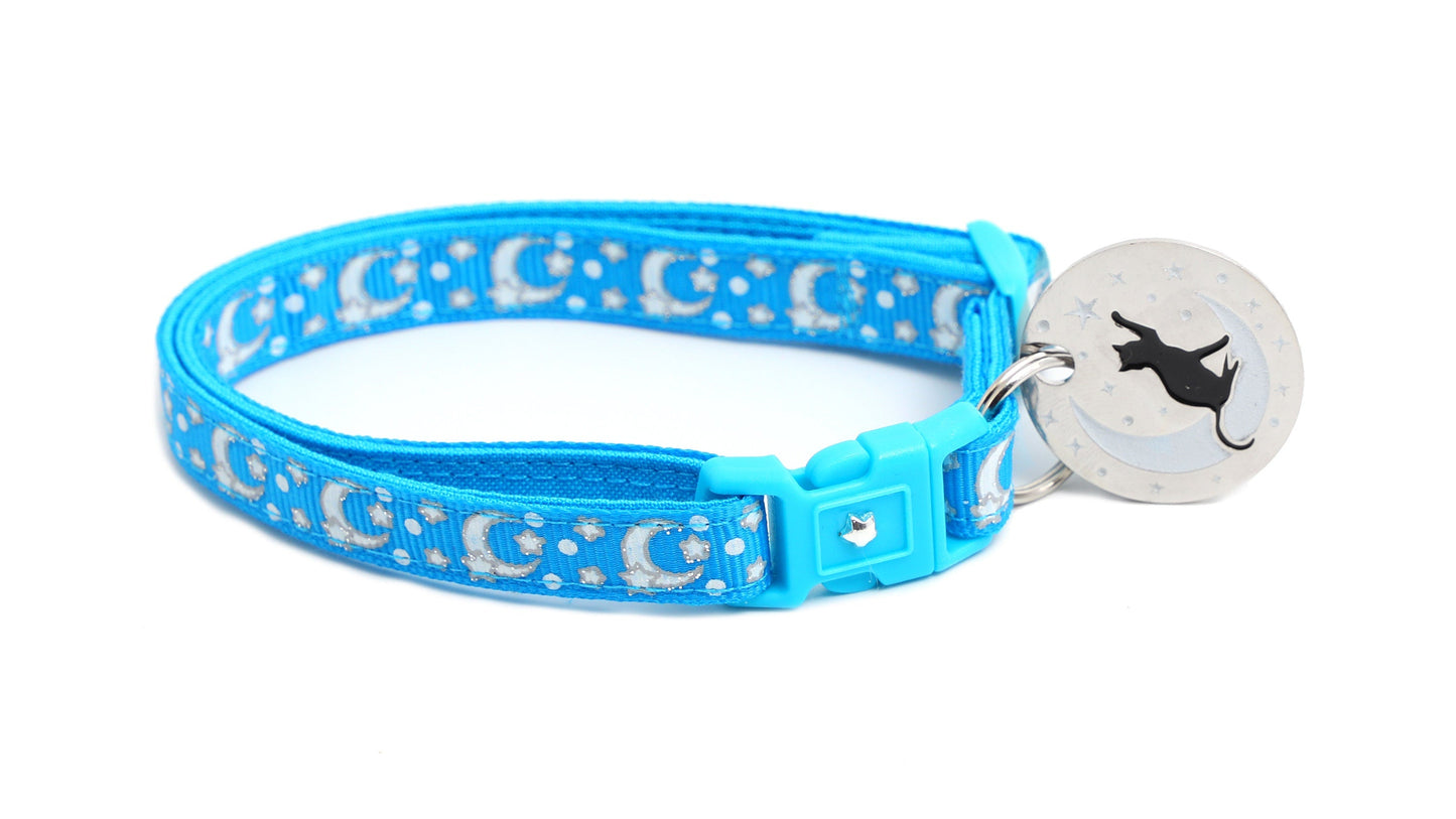 Silver Moons and Stars on Peacock Blue Cat Collar-4