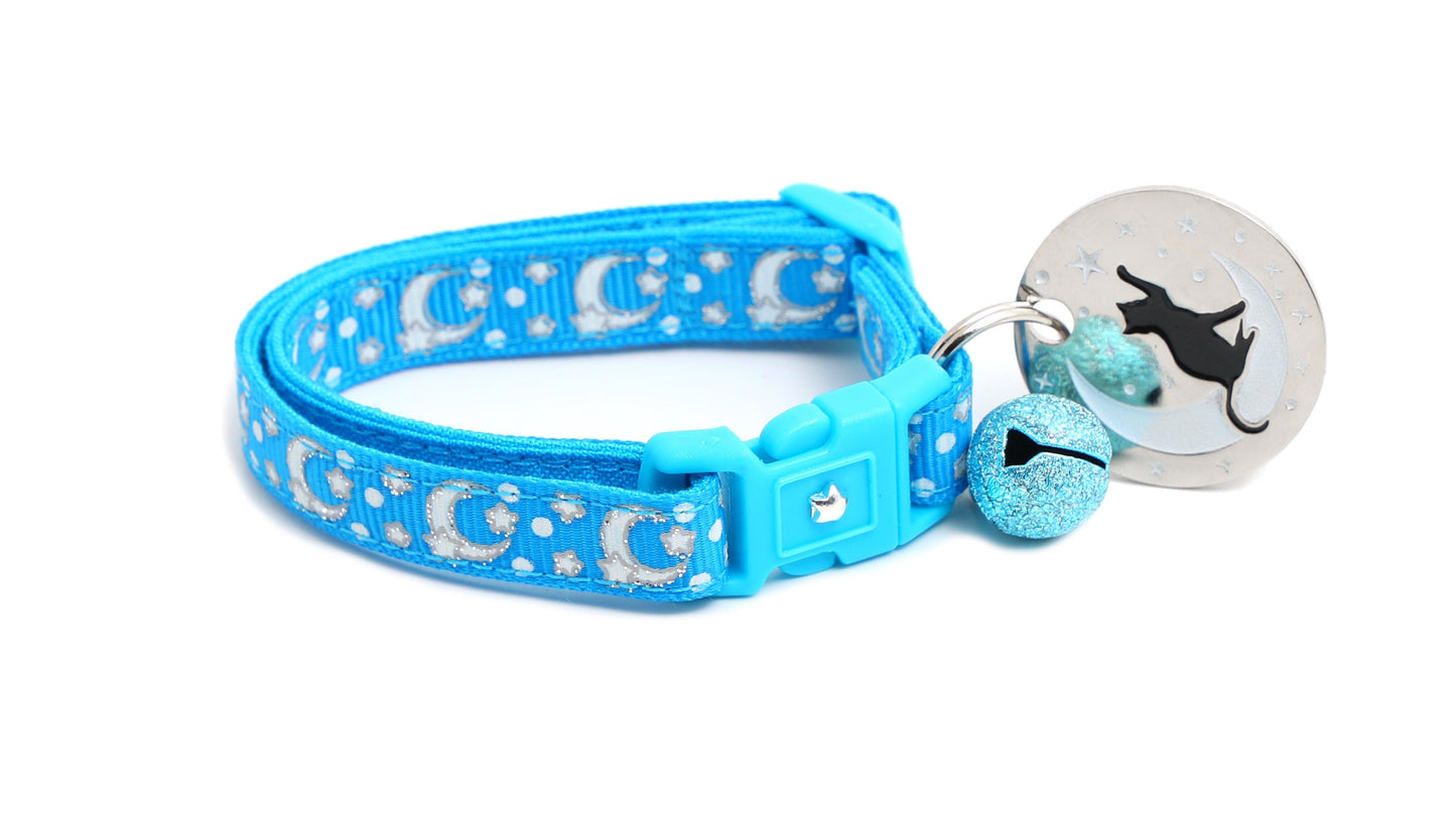 Silver Moons and Stars on Peacock Blue Cat Collar-5