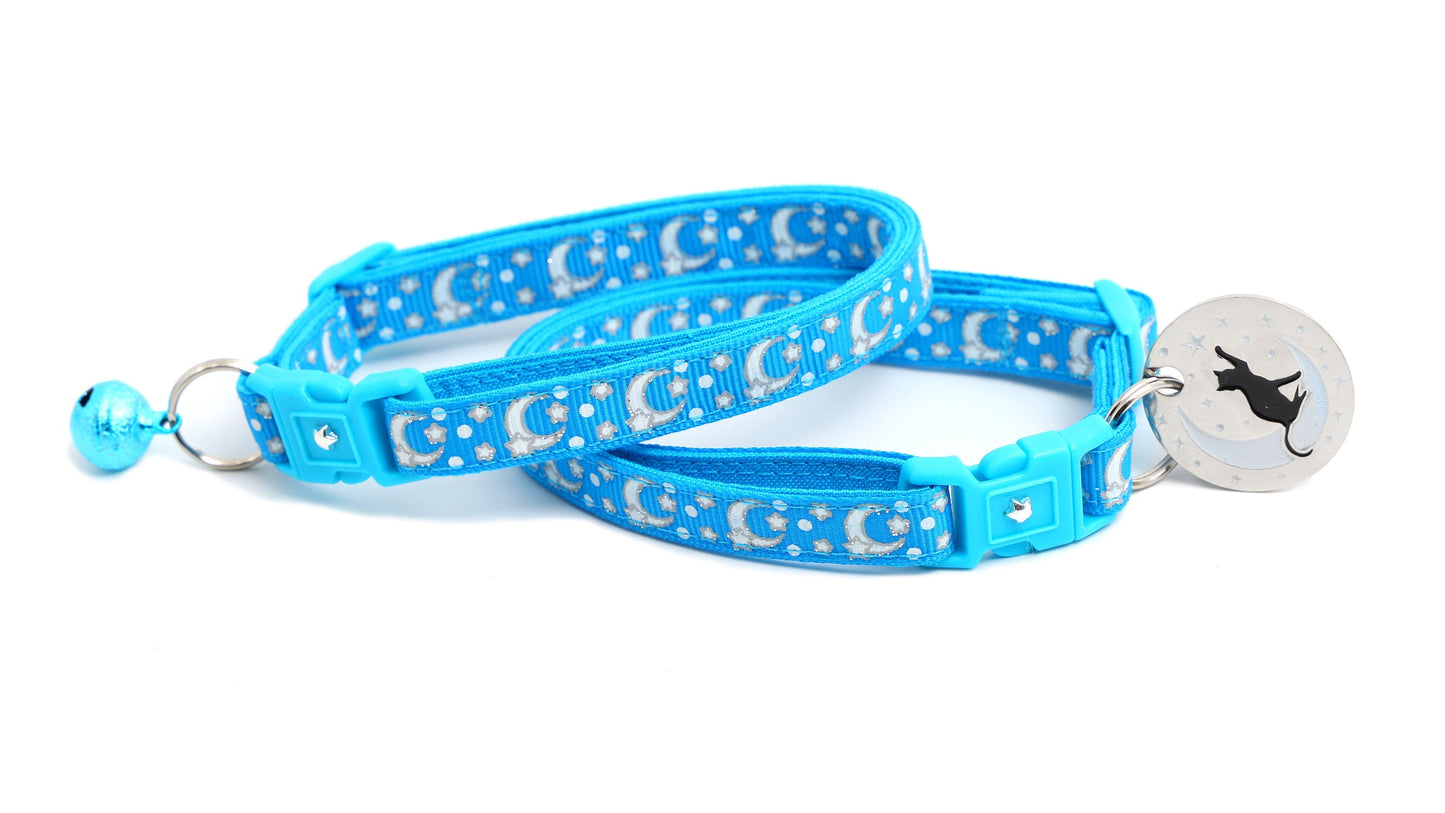 Silver Moons and Stars on Peacock Blue Cat Collar-2