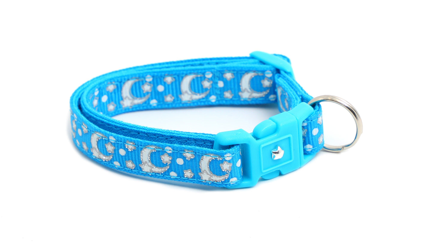 Silver Moons and Stars on Peacock Blue Cat Collar-8
