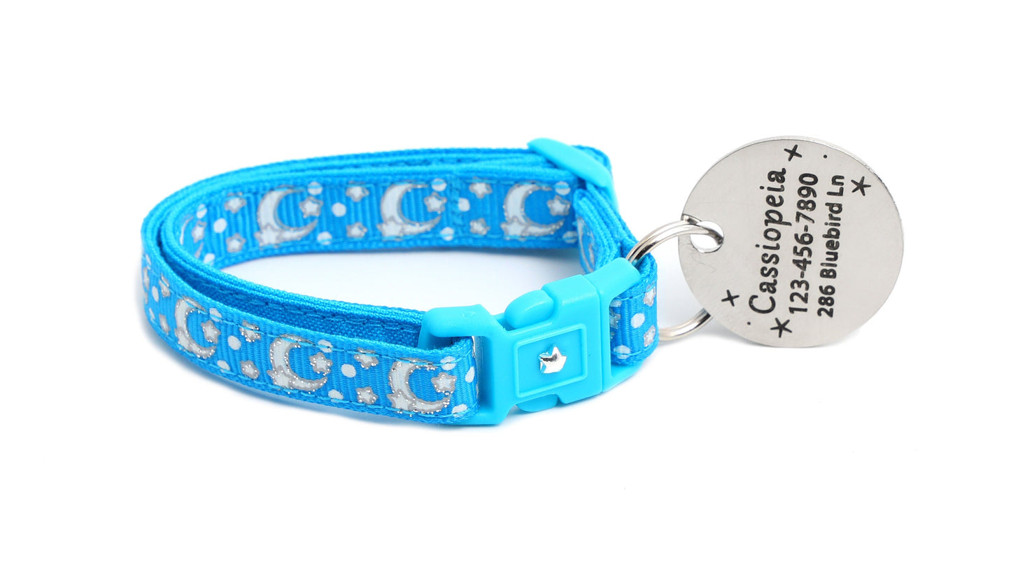 Silver Moons and Stars on Peacock Blue Cat Collar-6