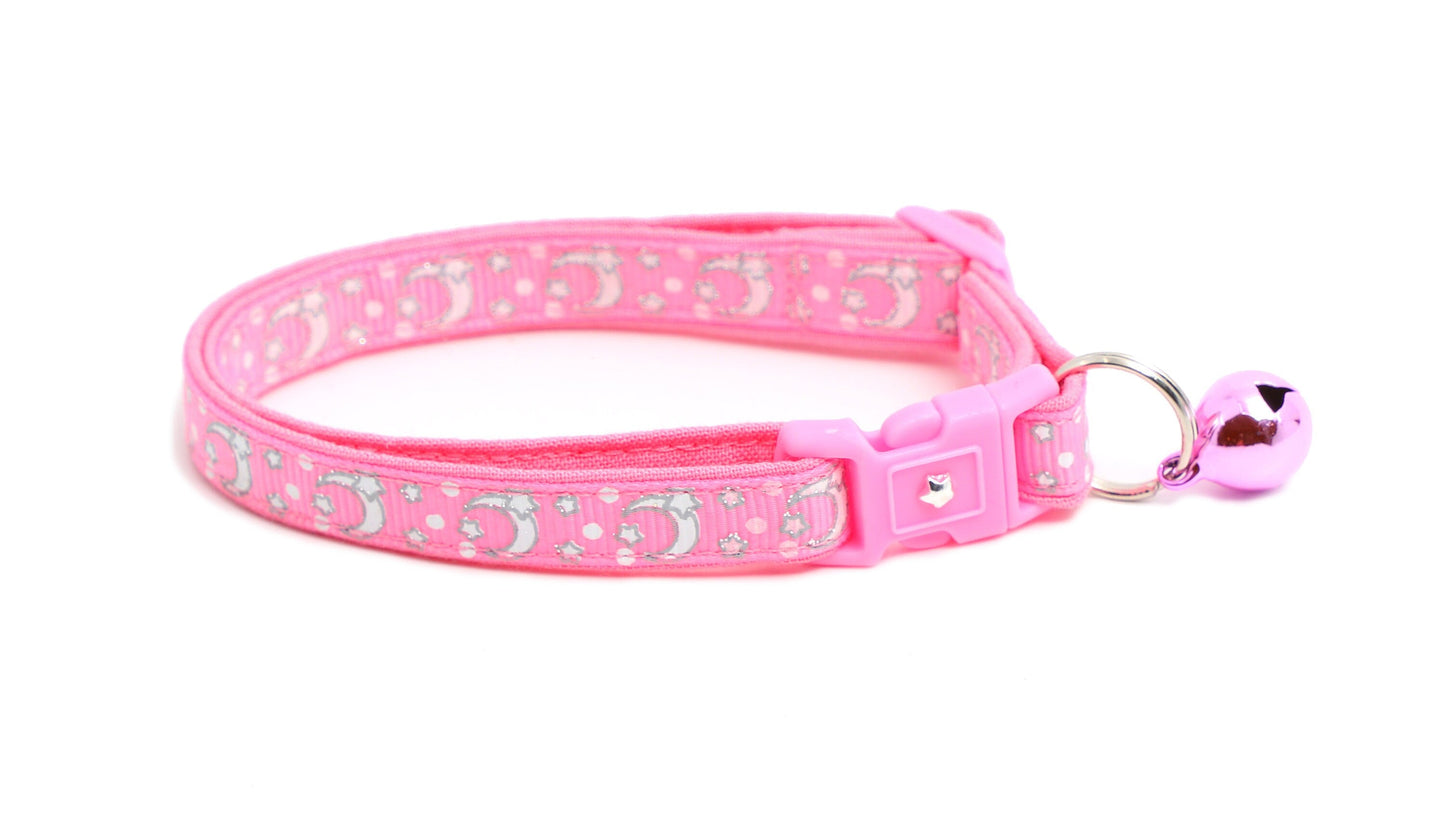 Silver Moons and Stars on Peony Pink Cat Collar-3