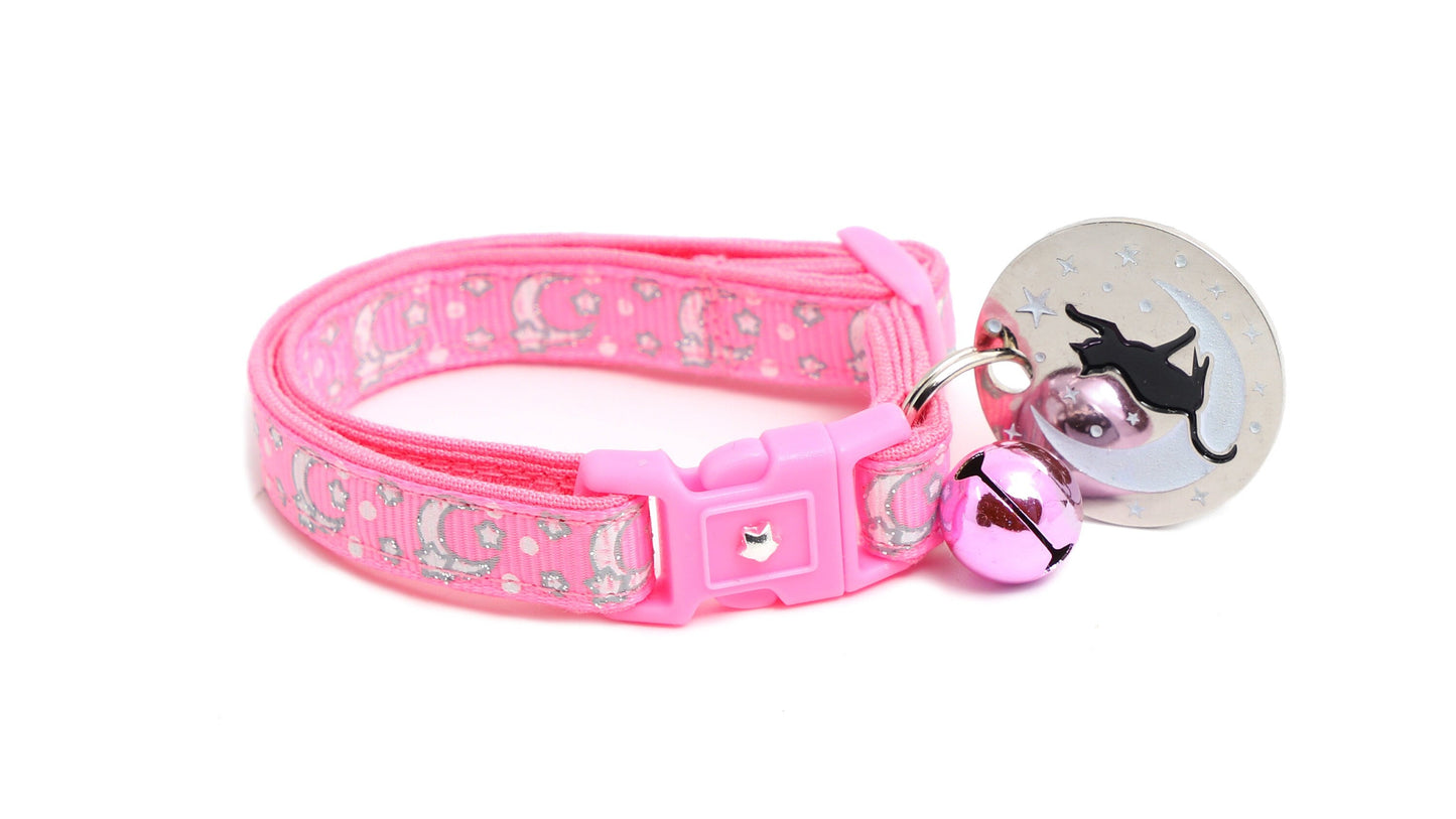 Silver Moons and Stars on Peony Pink Cat Collar-5
