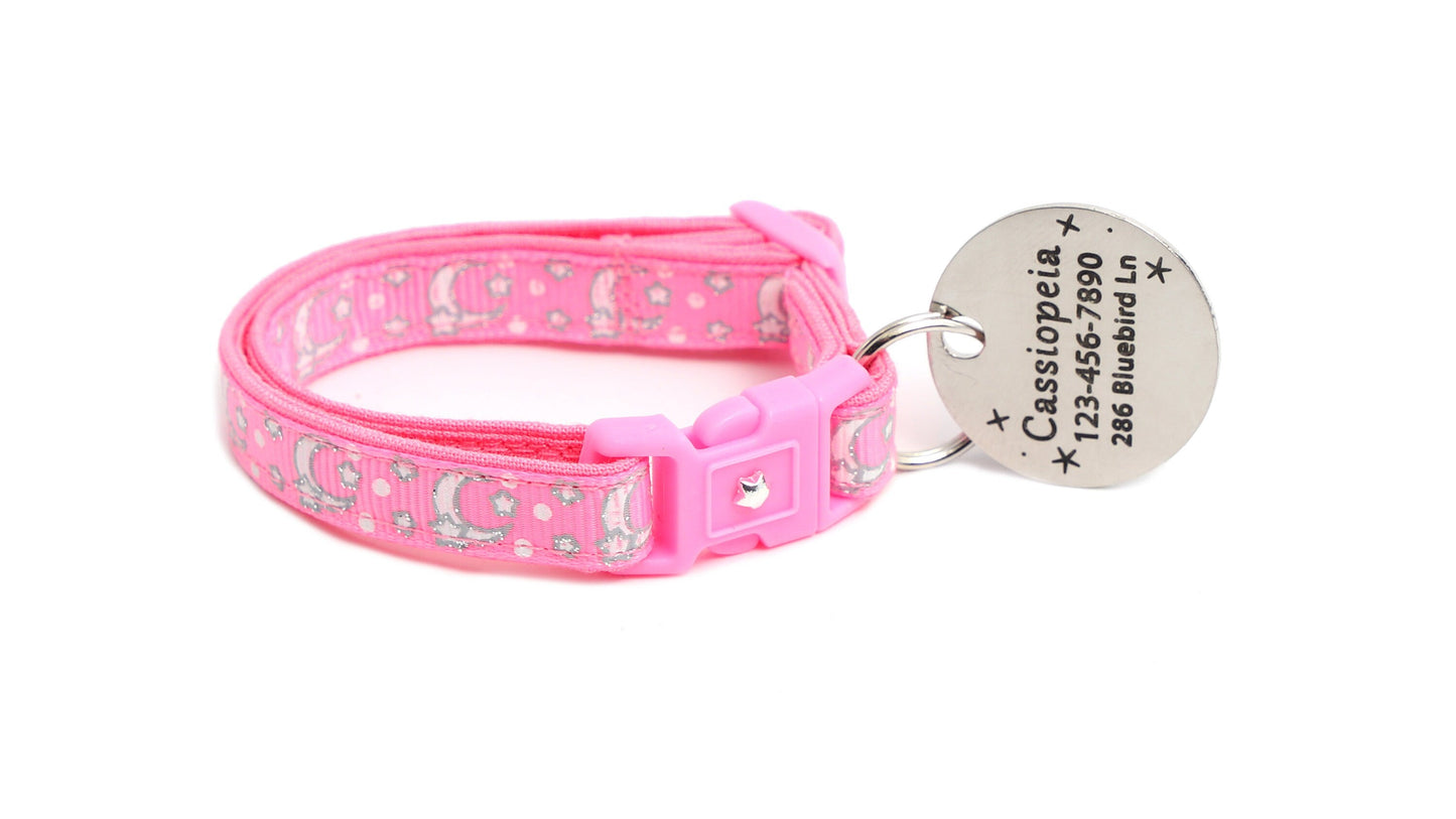 Silver Moons and Stars on Peony Pink Cat Collar-6