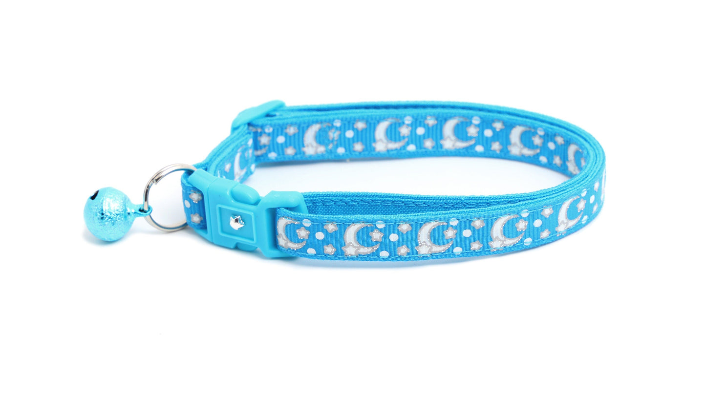 Silver Moons and Stars on Peacock Blue Cat Collar-3