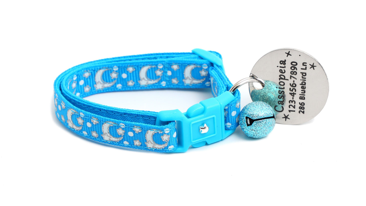 Silver Moons and Stars on Peacock Blue Cat Collar-7