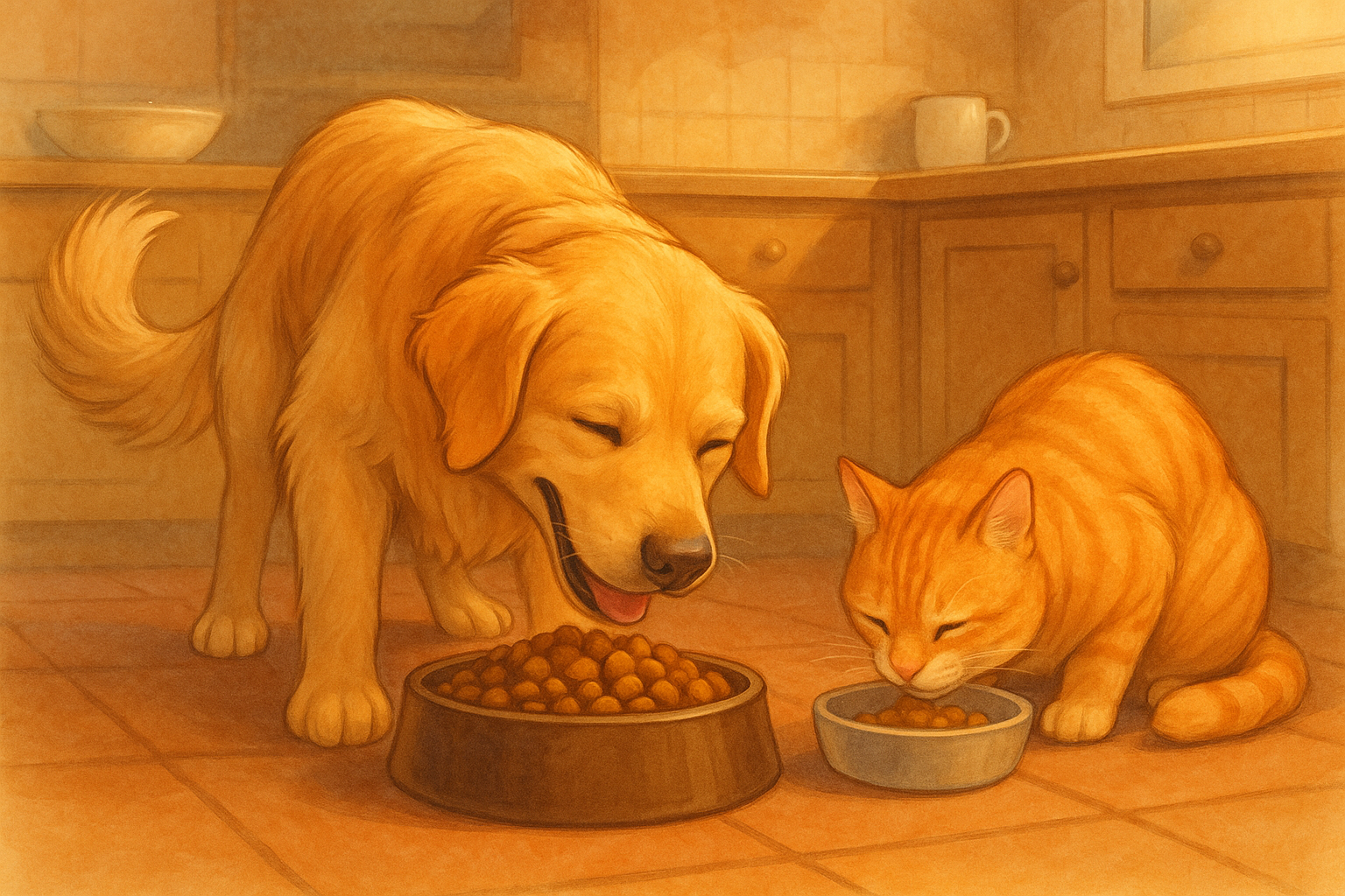 Dog and Cat happily eating food 