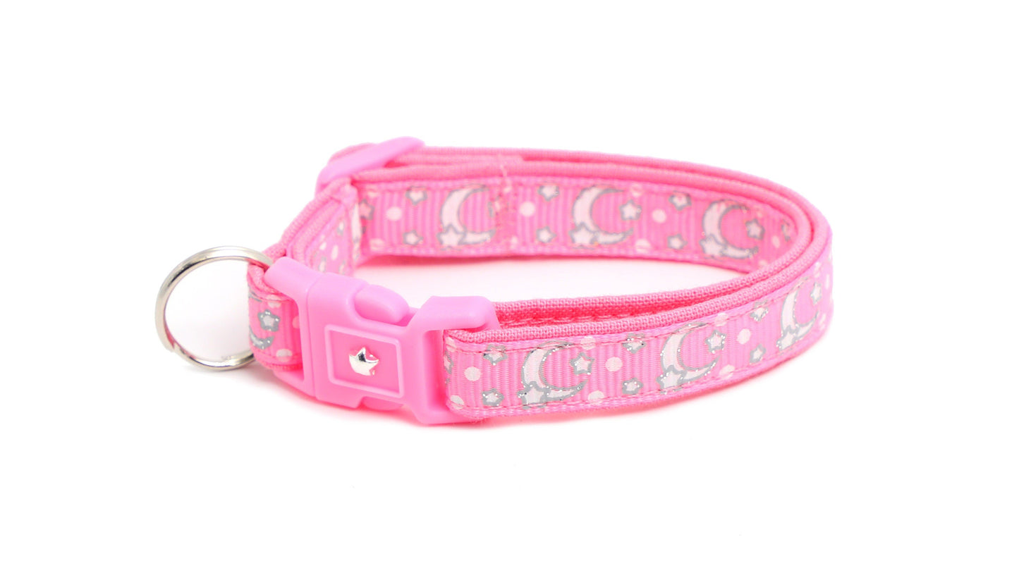Silver Moons and Stars on Peony Pink Cat Collar-8