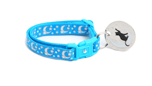 Silver Moons and Stars on Peacock Blue Cat Collar-1