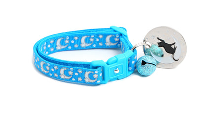 Silver Moons and Stars on Peacock Blue Cat Collar-5