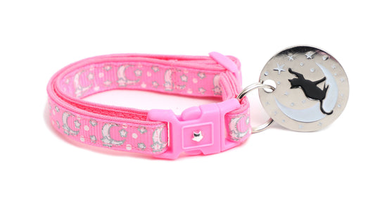 Silver Moons and Stars on Peony Pink Cat Collar-1