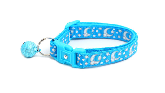 Silver Moons and Stars on Peacock Blue Cat Collar-0