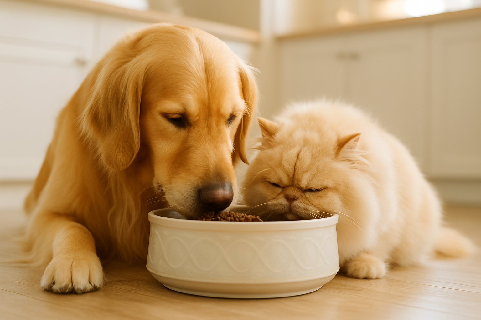 well grommed Dog and Cat eating food happily, in a great bowl